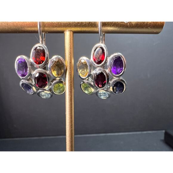 Vintage multi gemstone cluster boho earrings in sterling silver - Picture 8 of 12